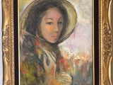 une peinture à l'huile représentant une femme coiffée d'un chapeau et tenant une fleur