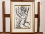 a drawing of a woman sitting on a chair in front of a picture