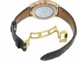 an image of a gold watch with a black strap and a white dial