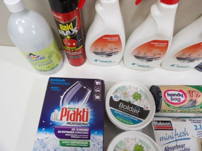 many different types of cleaning products on the counter