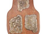 wooden plaque with three religious images on it on a white background