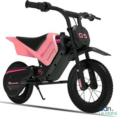 the pink dirt bike is parked on a white surface