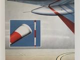 peinture représentant une aile d'avion avec une bande rouge et blanche et une bande rouge et blanche