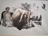 a drawing of a naked woman laying on a rock