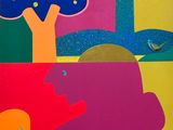 a picture of a colorful painting with trees on it