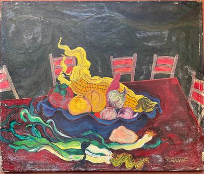 a painting of a bowl of fruit and vegetables on a table