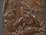 une image représentant une plaque en bois sur laquelle figure une scène mettant en scène un homme et une femme dans une forêt