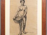 un dessin représentant un homme tenant un seau à la main