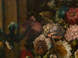 a painting of flowers and birds in a vase on a table