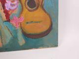 a painting of a guitar and flowers on a table