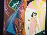 un tableau représentant un homme et une femme debout devant un miroir