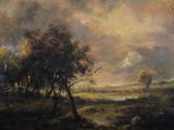 painting of a landscape with trees and a river in the foreground
