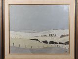 an image of a painting of a snowy landscape with a fence