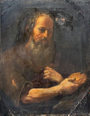 an old painting of a man holding a piece of bread