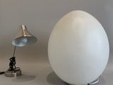un œuf blanc posé à côté d'une lampe sur une table