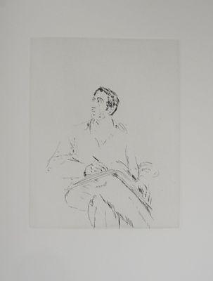an ink drawing of a man sitting on a chair in a room