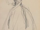un vieux dessin représentant une femme en robe de bal, coiffée d'un chapeau