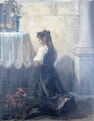 tableau représentant une femme en robe noire assise devant une table ornée de fleurs