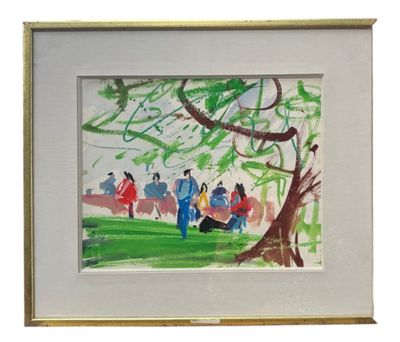 painting of a group of people sitting under a tree in a park