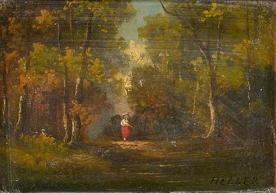 une peinture à l'huile représentant une femme en robe rouge marchant dans une forêt