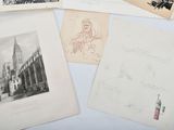 several drawings of buildings and a clock tower on a table