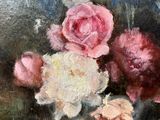 an oil painting of a vase of flowers on a table