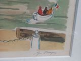 a painting of two people in a small boat on the water