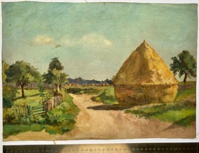 une photo d'un tableau représentant une ferme avec une botte de foin