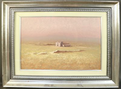 une peinture d'une maison au milieu d'un champ