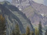 a painting of a mountain range with trees in the foreground