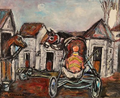 a painting of a horse pulling a carriage with a baby in it