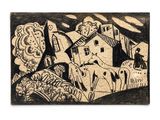 black and white drawing of a village with a horse and a man
