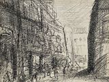 drawing of a street scene with people walking down the street