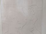 drawing of a woman in a bathrobe with a dog