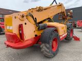 a picture of a yellow and red crane parked in a parking lot
