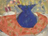 a painting of a blue vase with flowers in it on a table