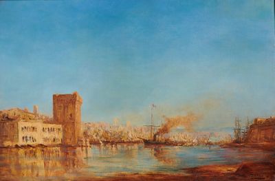 tableau représentant une vue d'une ville avec une rivière et un château
