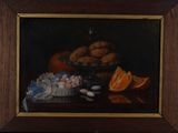 painting of a still life of oranges, cookies, and candies on a table