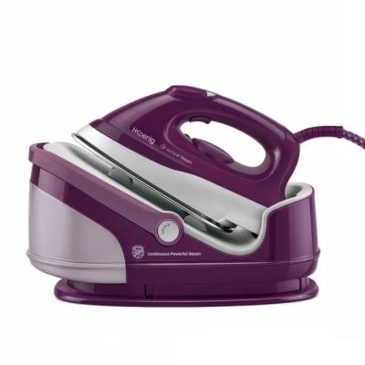 an image of a purple and silver steam iron on a white background