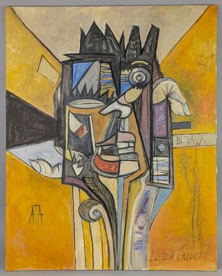 an abstract painting of a man in a hat and a woman in a dress