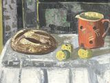 une peinture représentant une table sur laquelle se trouvent une tasse et un bagel