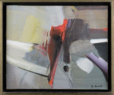 peinture abstraite représentant une œuvre d'art rouge et noire dans un cadre doré