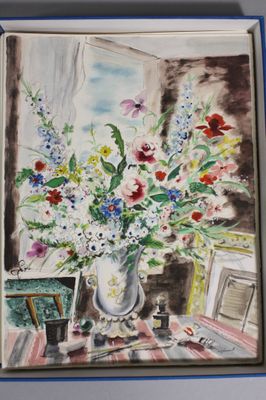 a painting of a vase of flowers on a table