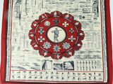 an image of a red and white banda with a picture of a clock on it