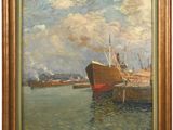 une peinture à l'huile représentant un bateau sur l'eau près d'un quai