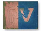 une peinture abstraite représentant un bloc rose et bleu sur lequel est peinte la lettre « v »