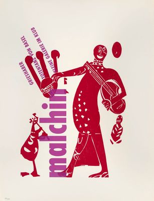 une affiche rouge et blanche représentant un homme tenant une guitare