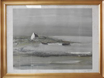 painting of a boat in a body of water with a small island in the background