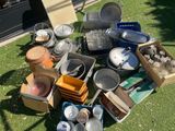 plein de casseroles et de poêles posées sur l'herbe