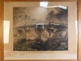 tableau représentant un pont enjambant un plan d'eau, avec un bâtiment en arrière-plan